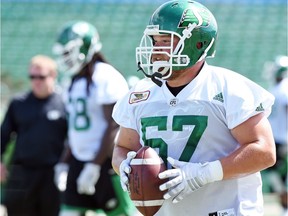 centre Dan Clark out day to day, guard Brendon LaBatte — shown here in a file photo — was taking repetitions at centre during Thursday's practice at Mosaic Stadium.