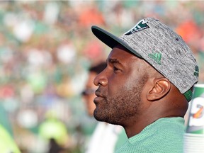 Saskatchewan Roughriders quarterback Darian Durant watched from the sideline as his team collapsed in Saturday's second half against the B.C. Lions.