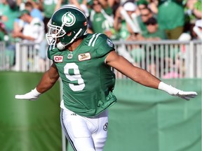 Saskatchewan Roughriders receiver Nic Demski, shown here after making his first career touchdown catch in Saturday's game against the B.C. Lions, is more confident this season as a CFL sophomore.