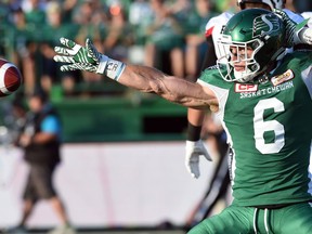 Saskatchewan Roughriders receiver Rob Bagg signals a first down Friday against the Ottawa Redblacks. The Riders ended up winning 30-29, registering their first victory of the season.