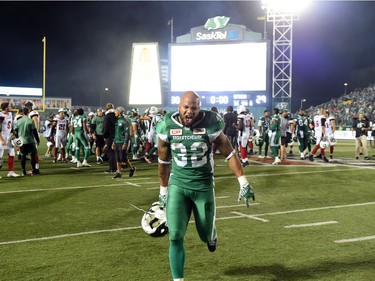 Saskatchewan Roughriders wide receiver Kendial Lawrence celebrates at the end of the game that saw the Riders win the game 30-29 over the Ottawa Redblacks at Mosaic Stadium in Regina.