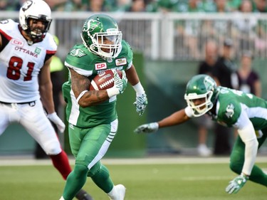 Saskatchewan Roughriders wide receiver Kendial Lawrence runs back a missed field  goal attempt for a touchdown that was called back for a Saskatchewan illegal block during CFL action against the Ottawa Redblacks at Mosaic Stadium in Regina.