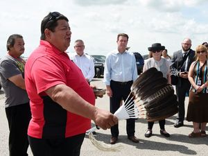 REGINA SK: JULY 27, 2016 – Barry Kennedy (L) talks before the memorial walk from the Saulteaux Junction corner of Pinky Road and Dewdney Avenue to the Regina Indian Industrial School Cemetery north on Pinky Road. DON HEALY / Regina Leader-Post