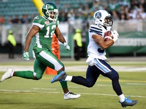 Argonauts safety Matt Black, shown here returning a fumble for a touchdown against the Riders earlier this season, feels this is the best time of year to be a Toronto sports fan.