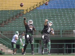 Saskatchewan Roughriders quarterbacks Darian Durant, left, and Mitchell Gale are shown during Wednesday's practice on Taylor Field. Gale will start in place of Durant, who is nursing a sprained left ankle, on Friday against the host Montreal Alouettes.