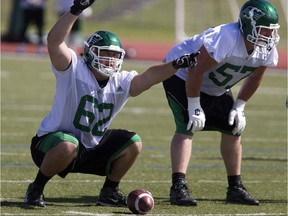 Aaron Picton, left, could be in line for his first CFL start Friday when the Roughriders — whose offensive line is riddled with injuries — visit the Montreal Alouettes.