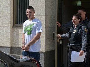 Skylar Blue Alexson leaves the courthouse after being sentenced for manslaughter at the Court of Queen's Bench in Regina July 26, 2016.