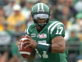 Mitchell Gale is hoping to become the first Saskatchewan Roughriders quarterback other than Darian Durant to win back-to-back starts since Michael Bishop, above, in 2008.