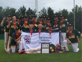 Team Saskatchewan, comprising players from the Kiwanis and North Regina Little Leagues, celebrates its victory on Saturday at the Canadian Big League baseball championship in Victoriaville, Que.