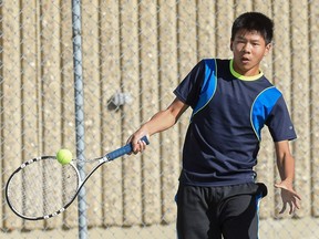 Tennis player William Lowe of Regina competes in the male singles event at the Saskatchewan Summer Games in Estevan on Thursday.