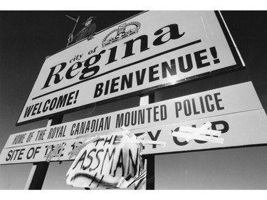 Dick Assman became such a celebrity during the summer of 1995 someone made a slight alteration to Regina's welcome sign, overirding the fact the city was home to the CFL championship game that year. Leader-Post files.