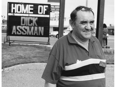 Dick Assman in front of the Petro-Canada service station he worked at during the height of his fame as a guest on Late Night with David Letterman. Leader-Post files.