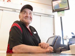 Dick Assman smiles at a South Albert St. Petro-Canada gas station in Regina on May 19, 2015. The long-time Regina gas jockey, who appeared on the stage of David Letterman's Late Show because of his unusual last name, recently died.