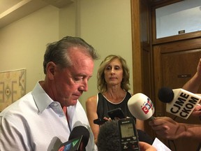 Former Saskatchewan government minister Don McMorris announcing his resignation from cabinet on Aug. 6 after being charged with impaired driving.