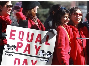 A rally for Equal Pay Day in Calgary's Olympic Plaza in 2013.