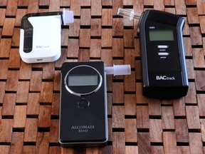 Dr. Booze recommends the BACtrack mobile (left), the AlcoMate Revo and the BACtrack S80 breathalyzers.