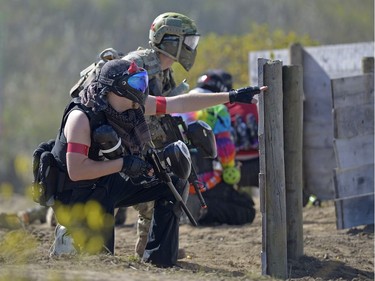 German soldiers point out enemy positions at an annual Second World War paintball re-enactment of the battle for Juno Beach at Prairie Storm Paintball near Moose Jaw, Sask. on Saturday Aug. 27, 2016.