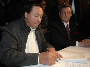 Muskowekwan First Nation Chief Reg Bellerose (left) and then-Encanto CEO Jim Walchuck sign a joint-venture agreement in 2010 in Regina.