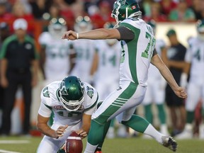 Kicker Johnny Mark, shown here during Thursday's game against the Calgary Stampeders, was released by the Saskatchewan Roughriders on Monday.