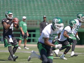 Saskatchewan Roughriders quarterback Darian Durant, left, said he felt "pretty good" after Monday's practice.