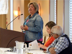 REGINA, SASK :  August 25, 2016  --  Vivian Keshane, SAWCC president, makes opening comments during the panel discussion on Saskatchewan's role in the Missing and Murdered Indigenous Women and Girls National Inquiry at the Travelodge Hotel in Regina on Thursday. TROY FLEECE / Regina Leader-Post