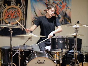 Drummer Chris Dimas at his home studio in Regina.