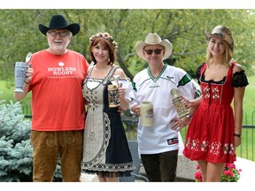 (Left to right) Karl Fix,  his wife, Sandy Beug, Norm Beug and  Elena Schmidt dress in their Saskatchewan-style Oktoberfest attire – demonstrating what will be fashionable at Sasktoberfest, a fundraiser for Street Culture Project, which will be held in Regina on Sept. 10.