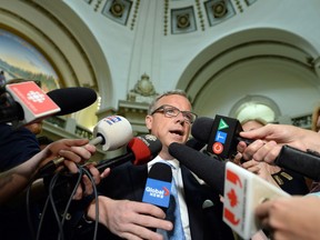 Saskatchewan Premier Brad Wall speaks at the legislative building about Don McMorris's resignation from cabinet and caucus after being charged with impaired driving.