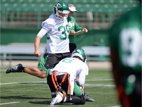 Saskatchewan Roughriders  kicker Quinn van Gylswyk, shown here during a practice this season, went 1-for-3 on field-goal tries in his first career game Saturday.
