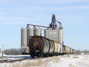 Grain cars are lined up at the sidings at the Viterra Grain terminal east of Pilot Butte in March 2014.  The Saskatchewan Association of Rural Municipalities says the federal government should increase fines for the railways if they don't get the grain moving this year.