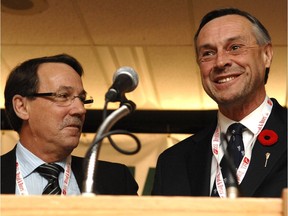 SFL President Larry Hubich and Sask. Party labour minister Don Morgan in happier times.