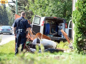 Over a dozen Regina Police Service vehicles were in Gardiner Park after a stolen van hit the side of a house on Braun Bay in Regina on Monday.