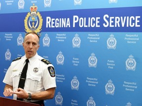 Regina Police Acting Chief Corey Zaharuk speaks to the media regarding a shooting on the 1900 block of Albert Street on Sunday evening.