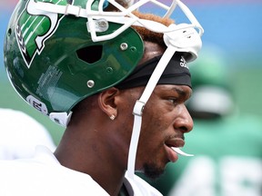 Saskatchewan Roughriders receiver Caleb Holley is shown during Wednesday's practice at Mosaic Stadium.