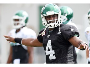 Saskatchewan Roughriders quarterback Darian Durant, shown here during a recent practice, is eager to see the CFL team's offence pick up the pace.