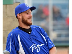 Regina's Conner Loeppky can't wipe the smile off his face this week during the Baseball Canada under-21 championship at Optimist Park.