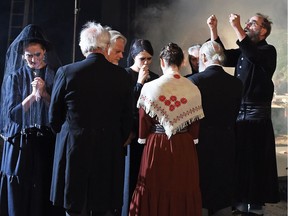 Actors on the set of German expressionist-style film Der Glöckner at the soundstage in Regina.  The silent film, set in a tiny European village pre-First World War is being shot in black and white on 16-millimetre film.