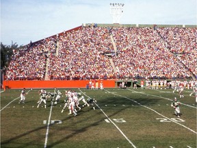 Ron Lancaster throws a pass for the Saskatchewan Roughriders against the B.C. Lions on Sept. 6, 1976.