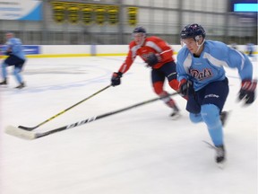 The presence of Sam Steel, right, shown at training camp on Saturday at the Co-operators Centre, is one reason why they are high expectations for the Regina Pats this season.