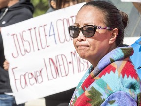 Debbie Baptiste, mother of Colten Boushie, at a rally outside court during a bail hearing for Gerald Stanley, who is accused of second-degree murder in the shooting death of the 22-year old First Nations man.