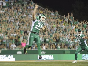 Saskatchewan Roughriders kicker Tyler Crapigna, shown celebrating a game-winning field goal July 22 against the visiting Ottawa Redblacks, is to return to the lineup Saturday against the Hamilton Tiger-Cats after missing two games with a hamstring injury.