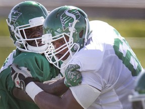 Thaddeus Coleman (right) is the only Riders' offensive lineman to start all five games this season.