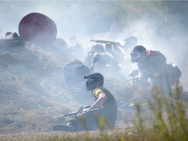 Smoke blows through an Allied position at an annual Second World War paintball re-enactment of the battle for Juno Beach at Prairie Storm Paintball near Moose Jaw, Sask. on Saturday Aug. 27, 2016.