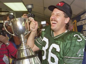 Saskatchewan Roughriders legend Dave Ridgway celebrates after kicking the game-winning field goal in the 1989 Grey Cup game.