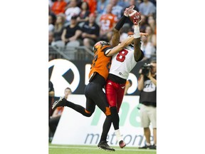 Former Calgary Stampeders defensive back Fred Bennett (#8), shown in action earlier this season, is set to make his debut with the Saskatchewan Roughriders.