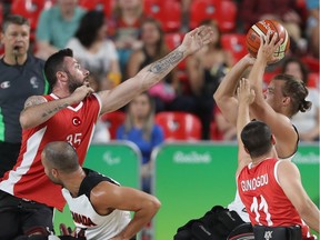 Regina's Nik Goncin attempts a shot against Turkey in men's wheelchair basketball action Monday at the Paralympics Games in Rio de Janeiro, Brazil.