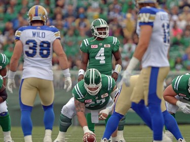 Darian Durant #4 of the Saskatchewan Roughriders during the Labour Day Classic held at Mosaic Stadium in Regina, Sask. on Sunday Sept. 4, 2016.