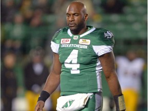 Saskatchewan Roughriders quarterback Darian Durant leaves the field during Saturday's third quarter after banging his head on the Mosaic Stadium turf. Durant did not return to the game.