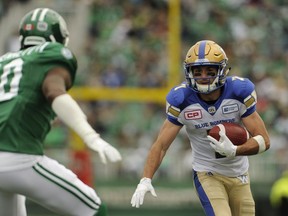 Winnipeg Blue Bombers slotback Weston Dressler, shown here during the Labour Day Classic, hasn't rubbed in the Bombers' victory to his former teammates.