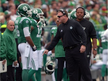 Head coach Chris Jones of the Saskatchewan Roughriders is frustrated by a referee's call during the Labour Day Classic held at Mosaic Stadium in Regina, Sask. on Sunday Sept. 4, 2016.